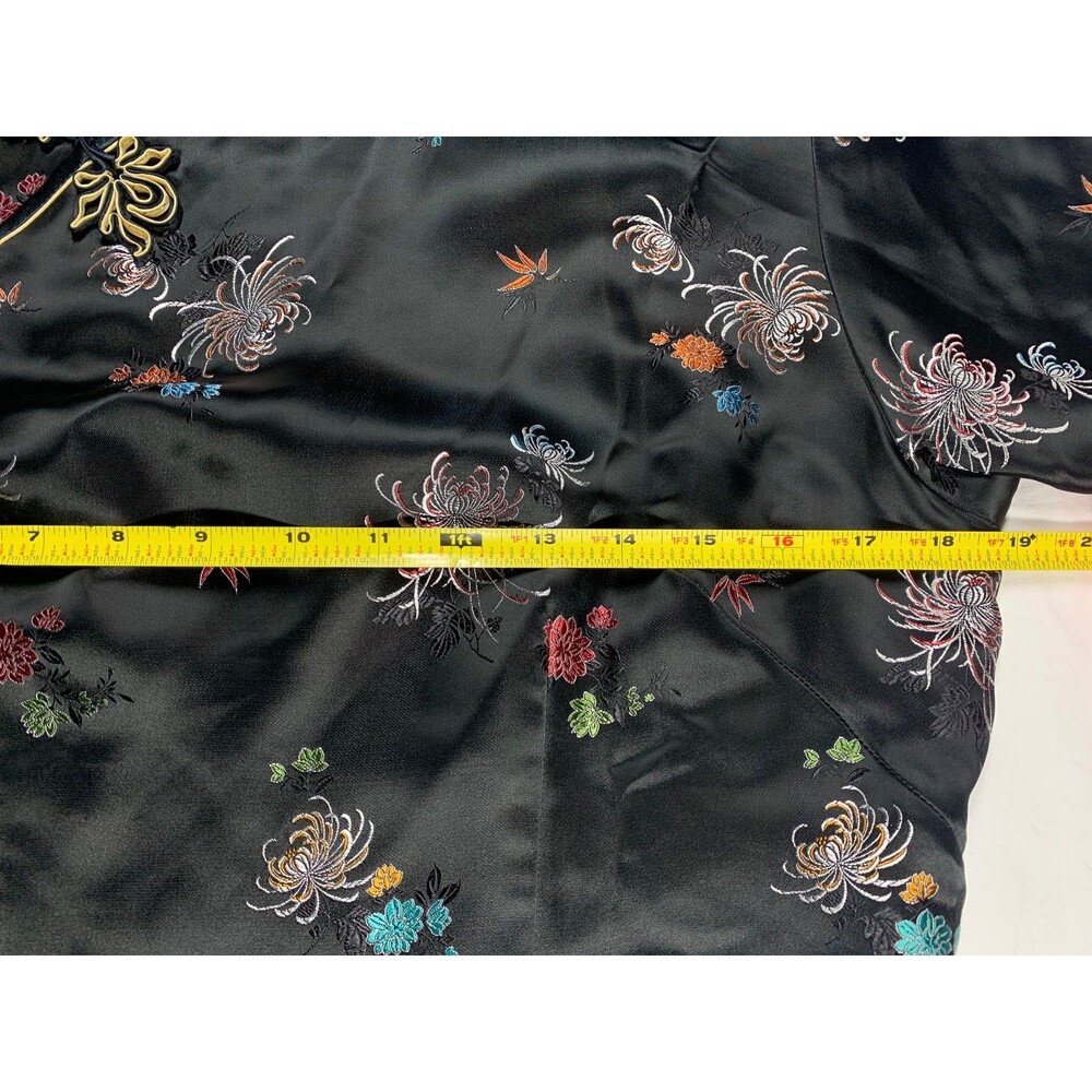 Vtg 70s Chinese Cheongsam Qipao Maxi Dress Black Floral Satin Rainbow Lining 38 - Picture 3 of 13